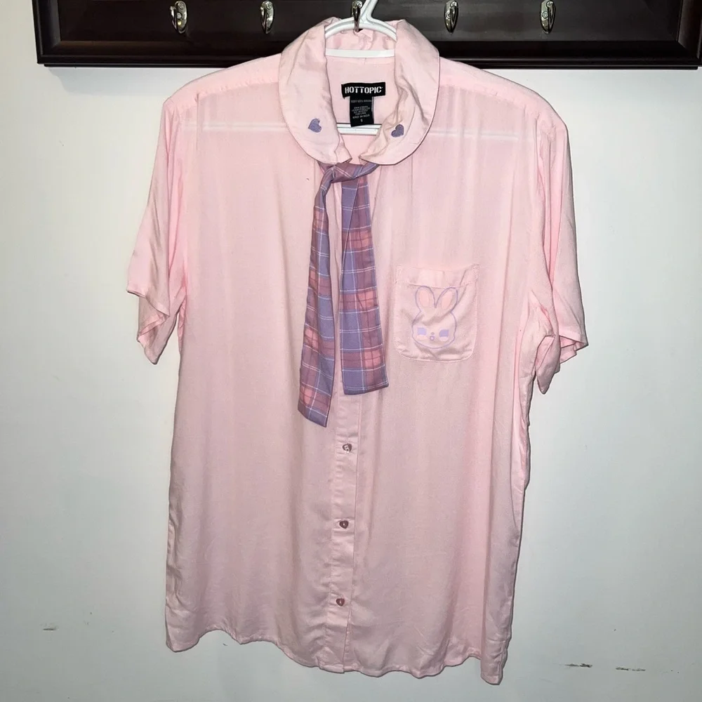 Hot Topic Kawaii Pastel Bunny Bow Girls Woven Button-Up Size Small
